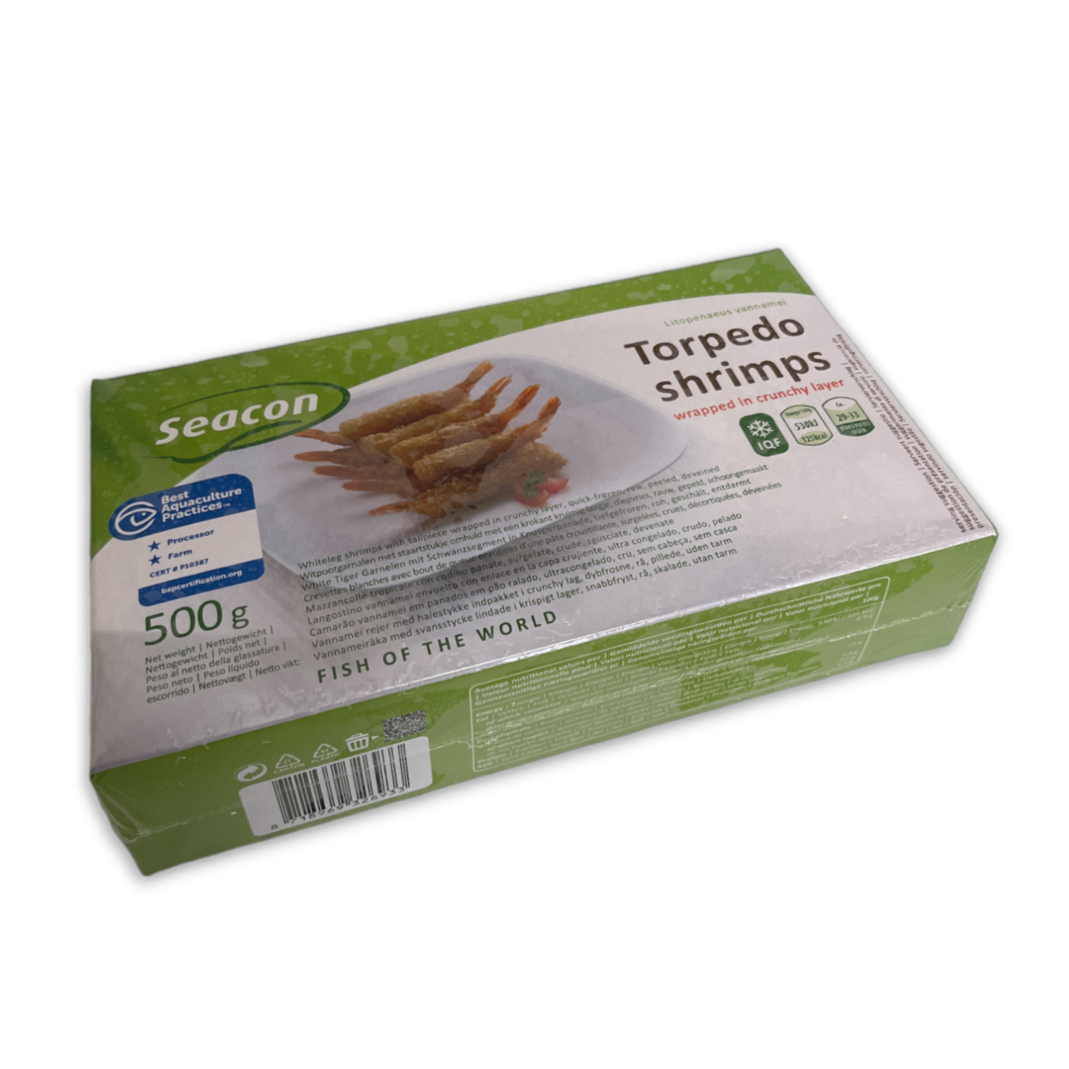 Torpedo breaded vannamei shrimps tail on 26-30 10 x 500g-VN